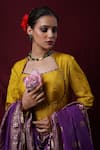 Shop_Saangi_Mustard Viscose, Silk Embroidery, Zari Square Neck Anarkali With Dupatta _Online_at_Aza_Fashions