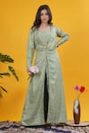 Buy_Saangi_Olive Green Silk Mirrors, Embroidery Sweetheart Neck, Open Work Long Jacket Set _at_Aza_Fashions