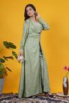 Saangi_Olive Green Silk Mirrors, Embroidery Sweetheart Neck, Open Work Long Jacket Set _Online_at_Aza_Fashions