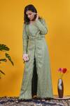 Buy_Saangi_Olive Green Silk Mirrors, Embroidery Sweetheart Neck, Open Work Long Jacket Set _Online_at_Aza_Fashions