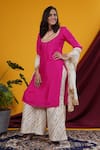 Shop_Saangi_Ivory Viscose, Silk Embroidery, Zari, Metallic Thread Rani Pink Short Kurta Set _at_Aza_Fashions
