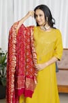Saangi_Red Organza, Chanderi Silk Zari, Sequins, Embroidery Round Mustard Kurta Set _Online_at_Aza_Fashions