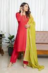 Saangi_Lime Organza, Chanderi Silk Sequins Split V-neck Fuchsia Pink Raw Kurta Set _Online_at_Aza_Fashions