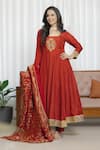 Shop_Saangi_Rust Silk, Brocade Embroidery, Sequins, Zari, Metallic Red Anarkali Ensemble Set _at_Aza_Fashions