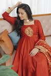 Saangi_Rust Silk, Brocade Embroidery, Sequins, Zari, Metallic Red Anarkali Ensemble Set _Online_at_Aza_Fashions