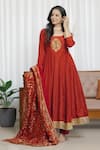 Buy_Saangi_Rust Silk, Brocade Embroidery, Sequins, Zari, Metallic Red Anarkali Ensemble Set _Online_at_Aza_Fashions