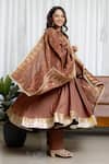 Saangi_Brown Silk, Brocade Sequins, Lace, Zari Round Neck Dusky Anarkali Set _Online_at_Aza_Fashions