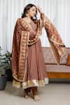 Shop_Saangi_Brown Silk, Brocade Sequins, Lace, Zari Round Neck Dusky Anarkali Set _at_Aza_Fashions
