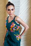 Shagun Nagi The Label_Green Denim, Cotton Embroidery Gold Buckle Corset With Bell Bottom Pant _Online_at_Aza_Fashions
