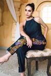Shop_Shagun Nagi The Label_Black Denim, Cotton Embroidery Halter Neck Top And Pant Set _at_Aza_Fashions