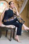Shop_Shagun Nagi The Label_Black Denim, Cotton Embroidery Halter Neck Top And Pant Set _Online_at_Aza_Fashions