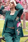 Shagun Nagi The Label_Green Denim, Cotton Embroidery Round Neck Tulip Stem Blazer Set _Online_at_Aza_Fashions