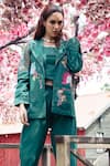 Shop_Shagun Nagi The Label_Green Denim, Cotton Embroidery Round Neck Tulip Stem Blazer Set _at_Aza_Fashions