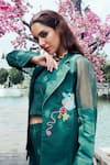 Shop_Shagun Nagi The Label_Green Denim, Cotton Embroidery Round Neck Tulip Stem Blazer Set _Online_at_Aza_Fashions