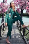 Buy_Shagun Nagi The Label_Green Denim, Cotton Embroidery Round Neck Tulip Stem Blazer Set _at_Aza_Fashions