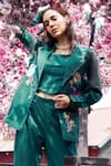 Shagun Nagi The Label_Green Denim, Cotton Embroidery Round Neck Tulip Stem Blazer Set _at_Aza_Fashions