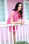 Shop_Shagun Nagi The Label_Pink Organza, Dupion, Silk Fabric Flowers Collared Cutwork Floral Dress _at_Aza_Fashions