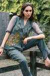 Shagun Nagi The Label_Olive Green Denim, Organza Embroidery Notched French Knot Overlap Top With Pant _at_Aza_Fashions