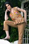 Shop_Shagun Nagi The Label_Beige Denim, Cotton Embroidery V-neck Floral Top And Pant Set _at_Aza_Fashions