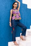 Buy_Shagun Nagi The Label_Multi Color Denim, Cotton Embroidery, Circle Flower Cutwork Top And Pant Set _at_Aza_Fashions