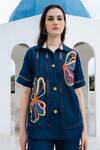 Shop_Shagun Nagi The Label_Blue Denim, Cotton Embroidery Collared Flower Shirt And Pant Set _at_Aza_Fashions
