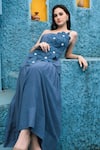 Shop_Shagun Nagi The Label_Blue Denim, Cotton Fabric Flowers, Pearls 3d Embroidered Blouse And Skirt Set _at_Aza_Fashions
