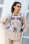 Shagun Nagi The Label_Beige Denim, Cotton Embroidery Round Neck, Dragonfly Waistcoat Pant Set _Online_at_Aza_Fashions