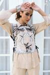 Buy_Shagun Nagi The Label_Beige Denim, Cotton Embroidery Round Neck, Dragonfly Waistcoat Pant Set _Online_at_Aza_Fashions