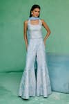 Buy_Chamee And Palak_Blue Dupion, Silk Embroidery, Sequins Halter Neck Mahin Top And Flared Pant Set _at_Aza_Fashions