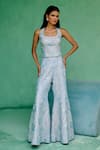 Shop_Chamee And Palak_Blue Dupion, Silk Embroidery, Sequins Halter Neck Mahin Top And Flared Pant Set _Online_at_Aza_Fashions