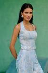 Chamee And Palak_Blue Dupion, Silk Embroidery, Sequins Halter Neck Mahin Top And Flared Pant Set _at_Aza_Fashions