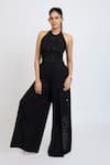 Buy_Dev And Viv_Black Lycra Embroidery Halter Neck Tonal Jumpsuit _at_Aza_Fashions