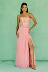 Buy_Chamee And Palak_Pink Georgette, Silk Embroidery Sweetheart Neck Esita Corset With Slit Skirt _at_Aza_Fashions