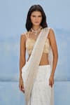 Shop_Chamee And Palak_Ivory Georgette, Silk Embroidery, Sequins Noor Blouse And Pre-draped Saree Set _at_Aza_Fashions