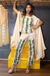 Buy_Jajobaa_Cream Silk Embroidery, Pearls, Fabric Embellished Cape Top And Pant Co-ord Set _at_Aza_Fashions