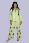 Buy_Jajobaa_Lime Denim Fabric Flowers, Pearls, Crystals, Embellished Shirt And Pant Co-ord Set _at_Aza_Fashions