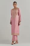 Shop_Ikshita Choudhary_Pink Chanderi, Organza Embroidery Round Neck Kurta Set 
