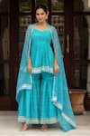 Buy_Pomcha Jaipur_Blue Georgette Gota Patti, Galiyan Bandhej Pattern Peplum Kurta Sharara Set _at_Aza_Fashions