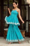 Pomcha Jaipur_Blue Georgette Gota Patti, Galiyan Bandhej Pattern Peplum Kurta Sharara Set _Online_at_Aza_Fashions