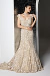 Opus Atelier_Ivory Tulle, Satin Sequins, Beads, Embroidery V-neck Alice Gown _Online_at_Aza_Fashions