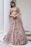 Opus Atelier_Pink Net, Tulle Sequins, Embroidery V-neck Botanical Lehenga Set _Online_at_Aza_Fashions