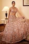 Buy_Opus Atelier_Peach Tulle, Net Mirrors, Embroidery, Sequins V-neck Lehenga Set _Online_at_Aza_Fashions