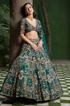 Shop_Opus Atelier_Emerald Green Net, Tulle Embroidery, Sequins, Geometric Pattern Lehenga Set _at_Aza_Fashions