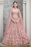 Shop Opus Atelier Peach Tulle, Net Sequins, Beads, Metallic And Gold Shahnaz Bridal Lehenga Set at Aza Fashions Shop_Opus Atelier_Peach Tulle, Net Sequins, Beads, Metallic And Gold Shahnaz Bridal Lehenga Set _at_Aza_Fashions