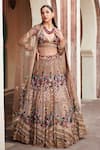 Shop_Opus Atelier_Gold Tulle, Net Embroidery, Sequins, Zari V-neck Bridal Lehenga Set _at_Aza_Fashions
