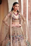 Buy_Opus Atelier_Gold Tulle, Net Embroidery, Sequins, Zari V-neck Bridal Lehenga Set _Online_at_Aza_Fashions