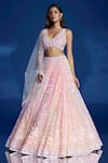Shop_Opus Atelier_Pink Tulle, Net, Satin Embroidery, Sequins, Beads V-neck Lehenga Set _at_Aza_Fashions
