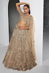 Buy_Opus Atelier_Gold Net, Satin, Tulle Embroidery, Sequins, Beads V-neck Ciara Lehenga Set _at_Aza_Fashions