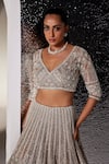 Opus Atelier_Ivory Net, Tulle Beads, Sequins, Embroidery V-neck Mouse Charlotte Lehenga Set _Online_at_Aza_Fashions