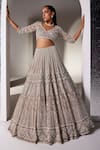 Shop_Opus Atelier_Ivory Net, Tulle Beads, Sequins, Embroidery V-neck Mouse Charlotte Lehenga Set _at_Aza_Fashions